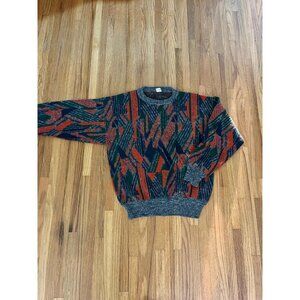 1980s men's Coogi style sweater, red, green, blue, gray, Medium